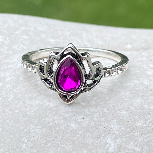 Lotus ring silver plated fuchsia pink zircon crystal accent sz 8 - Picture 2 of 12